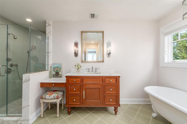 Bathroom, Free Standing Baths, Glass Shower, Interior, Recessed Lighting