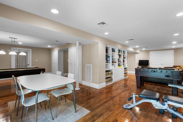 Billiard Table, Dining room, Game Room, Interior, Pendant Lights, Recessed Lighting, Wood Texture Flooring