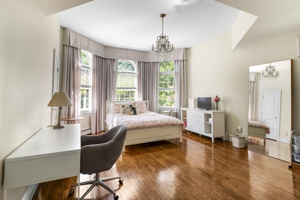 Bedroom, Chandelier, Home Office, Interior, Wood Texture Flooring