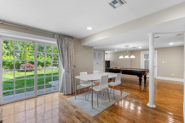 Billiard Table, Dining room, Game Room, Interior, Pendant Lights, Recessed Lighting, Wood Texture Flooring