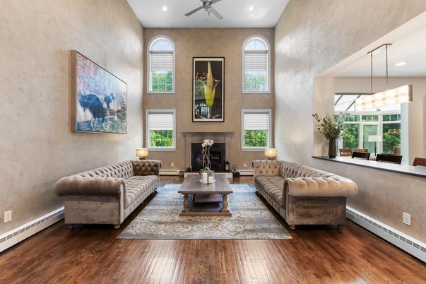 Fireplace, Interior, Living room, Pendant Lights, Recessed Lighting, Wood Texture Flooring