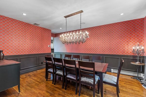 Chandelier, Dining room, Interior, Recessed Lighting, Wood Texture Flooring