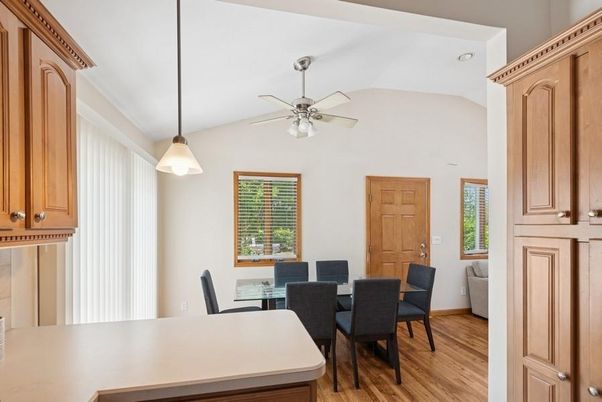 Dining room, Interior, Pendant Lights, Recessed Lighting, Wood Texture Flooring
