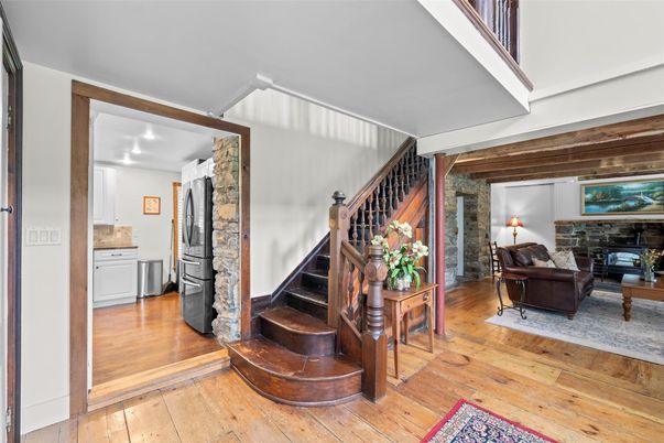 Fireplace, Interior, Kitchen, Living room, Stone Walls, Wood Texture Flooring