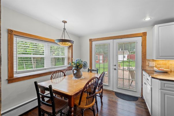 Dining room, Interior, Pendant Lights, Recessed Lighting, Wood Texture Flooring