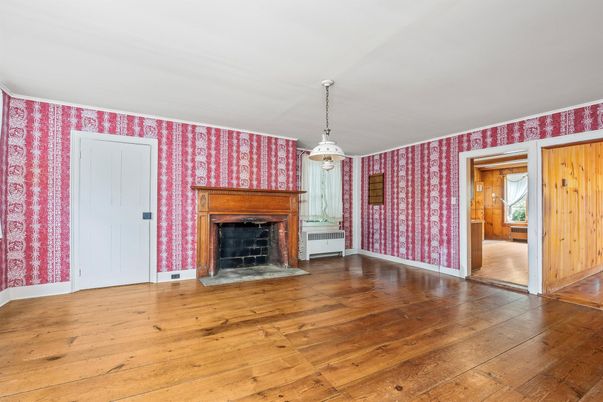 Empty room, Fireplace, Interior, Pendant Lights, Wood Texture Flooring