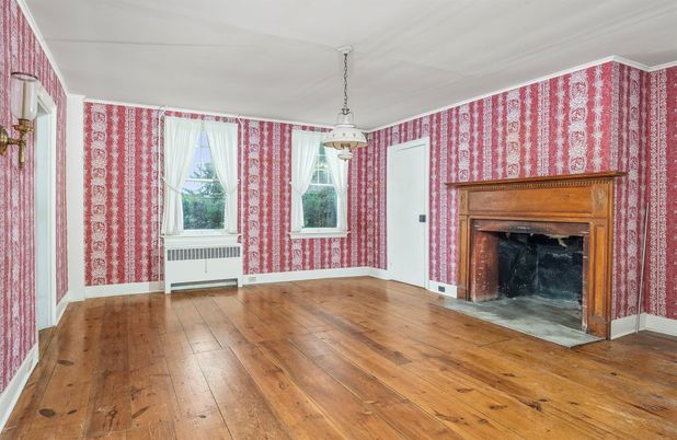 Empty room, Fireplace, Interior, Pendant Lights, Wood Texture Flooring