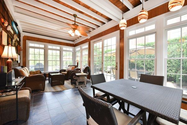 Dining room, Interior, Living room, Pendant Lights, Sun Room, Wooden Beams