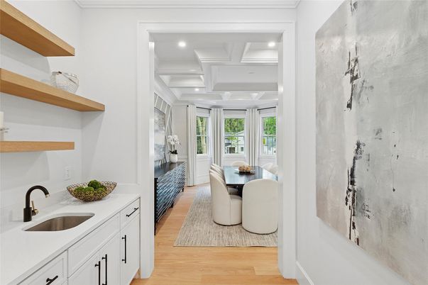 Dining room, Interior, Recessed Lighting, Wood Texture Flooring