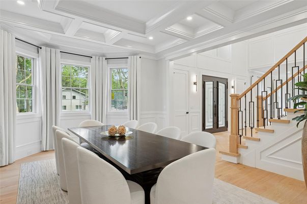 Dining room, Interior, Recessed Lighting, Wood Texture Flooring