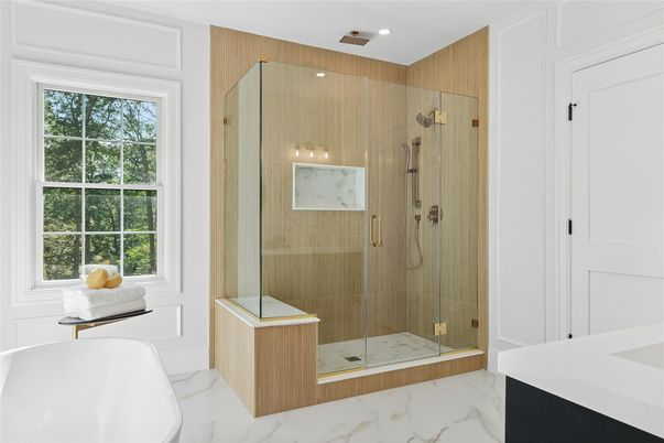 Bathroom, Glass Shower, Interior, Marble, Recessed Lighting