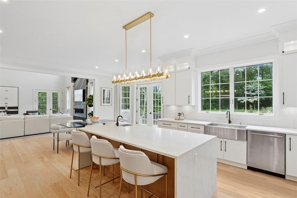 Fireplace, Interior, Kitchen, Living room, Pendant Lights, Recessed Lighting, Wood Texture Flooring