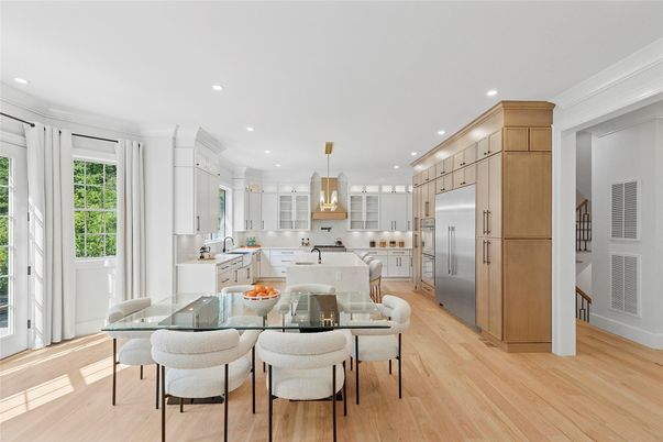 Dining room, Interior, Kitchen, Pendant Lights, Recessed Lighting, Stainless Steel Appliances, Wood Texture Flooring