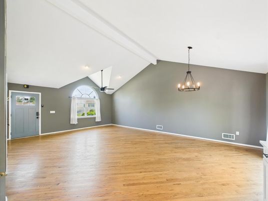 Chandelier, Empty room, Interior, Pendant Lights, Recessed Lighting, Wood Texture Flooring