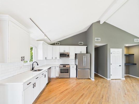Interior, Kitchen, Stainless Steel Appliances, Wood Texture Flooring
