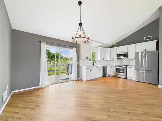 Interior, Kitchen, Pendant Lights, Stainless Steel Appliances, Wood Texture Flooring