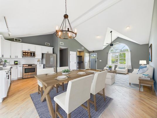 Dining room, Interior, Kitchen, Living room, Pendant Lights, Recessed Lighting, Stainless Steel Appliances, Wood Texture Flooring