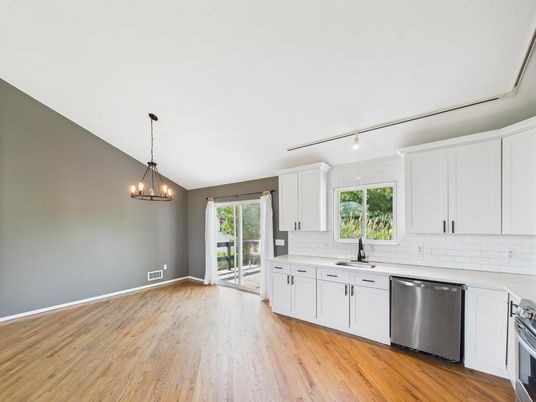 Chandelier, Interior, Kitchen, Pendant Lights, Stainless Steel Appliances, Wood Texture Flooring
