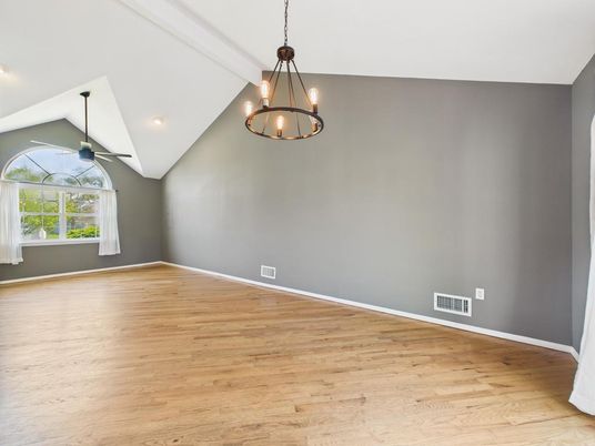 Empty room, Interior, Pendant Lights, Recessed Lighting, Wood Texture Flooring