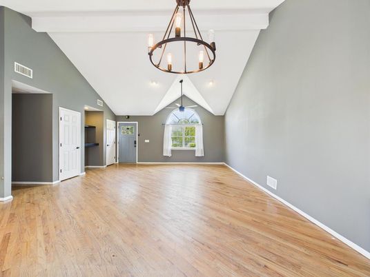 Chandelier, Empty room, Interior, Pendant Lights, Recessed Lighting, Wood Texture Flooring