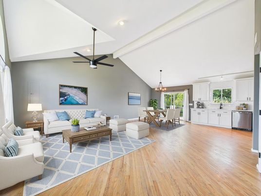 Dining room, Interior, Kitchen, Living room, Pendant Lights, Recessed Lighting, Stainless Steel Appliances, Wood Texture Flooring