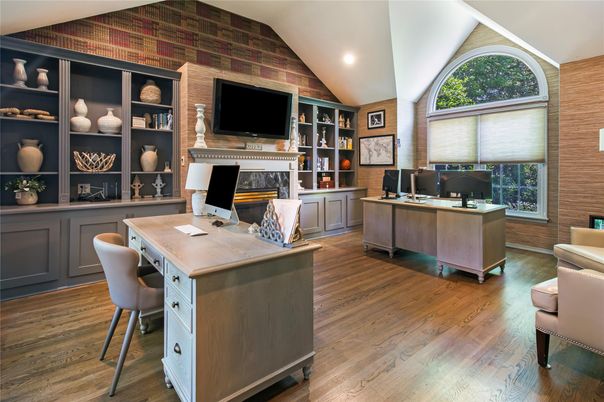 Fireplace, Home Office, Interior, Recessed Lighting, Wood Texture Flooring