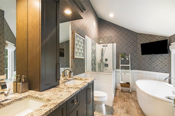 Bathroom, Dual Sink Vanities, Free Standing Baths, Glass Shower, Interior, Recessed Lighting, Wood Texture Flooring