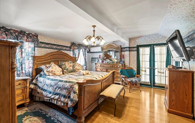 Bedroom, Chandelier, Interior, Wood Texture Flooring