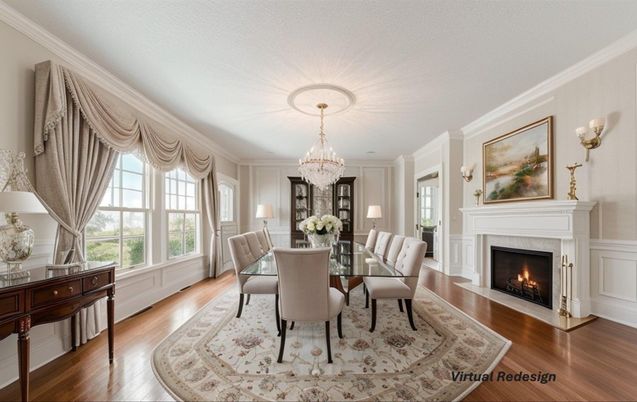 Chandelier, Dining room, Fireplace, Interior, Wood Texture Flooring