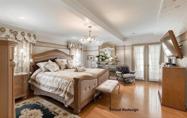 Bedroom, Chandelier, Interior, Recessed Lighting, Wood Texture Flooring