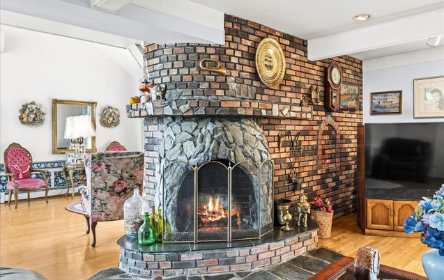 Fireplace, Interior, Recessed Lighting, Stone Walls, Wood Texture Flooring