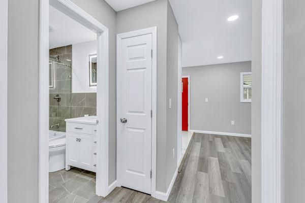 Bathroom, Glass Shower, Interior, Recessed Lighting, Wood Texture Flooring