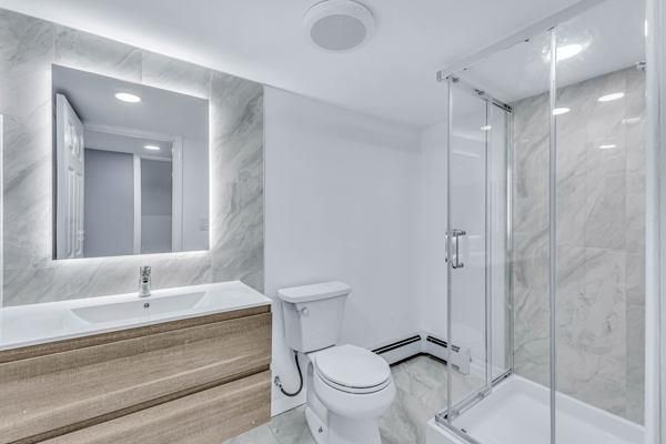 Bathroom, Glass Shower, Interior, Marble, Marble Walls, Recessed Lighting