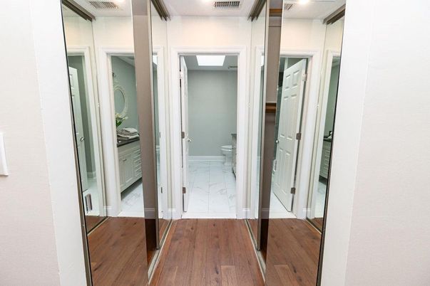 Bathroom, Interior, Marble, Recessed Lighting, Wood Texture Flooring