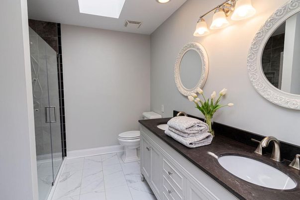 Bathroom, Dual Sink Vanities, Glass Shower, Interior, Marble, Recessed Lighting