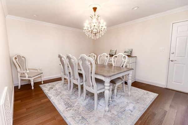 Chandelier, Dining room, Interior, Recessed Lighting, Wood Texture Flooring