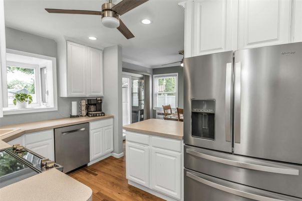 Interior, Kitchen, Recessed Lighting, Stainless Steel Appliances, Wood Texture Flooring