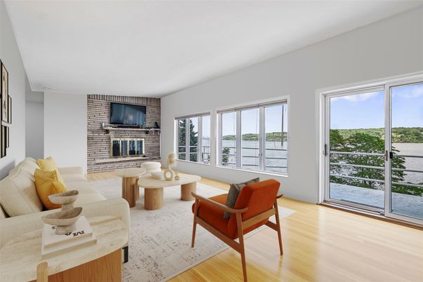 Fireplace, Interior, Living room, Stone Walls, Water, Wood Texture Flooring