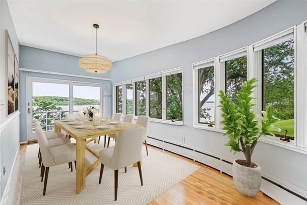 Dining room, Interior, Pendant Lights, Wood Texture Flooring