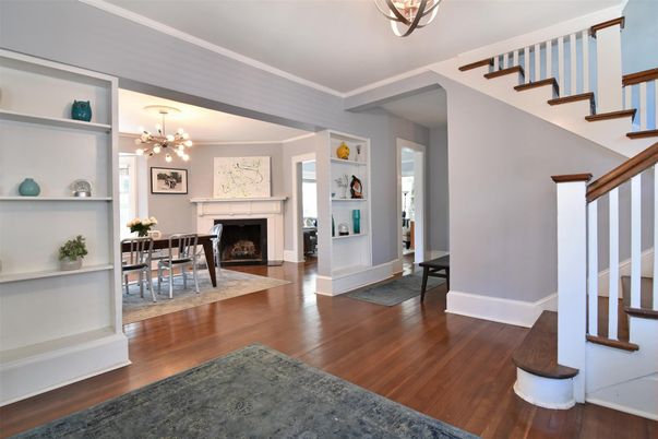 Dining room, Fireplace, Interior, Pendant Lights, Wood Texture Flooring