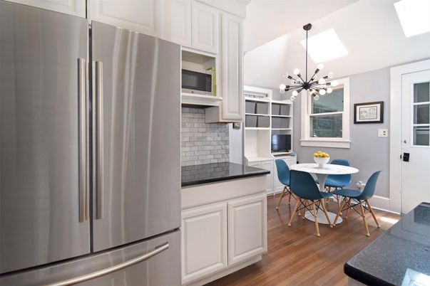 Dining room, Interior, Kitchen, Pendant Lights, Stainless Steel Appliances, Wood Texture Flooring