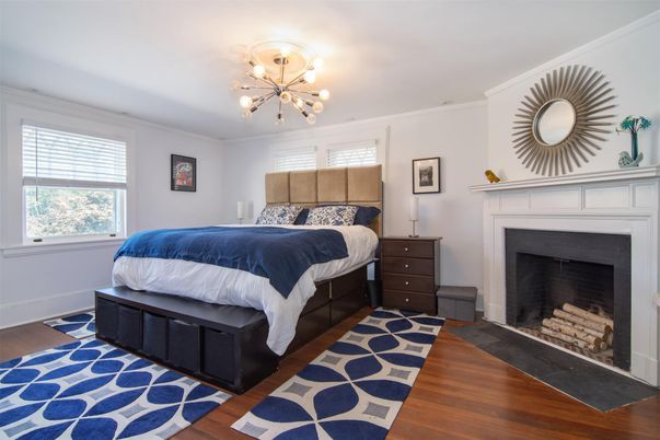 Bedroom, Fireplace, Interior, Pendant Lights, Wood Texture Flooring