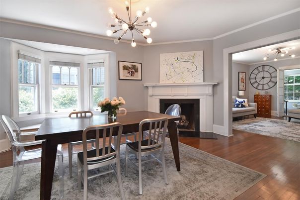 Dining room, Fireplace, Interior, Pendant Lights, Wood Texture Flooring