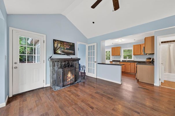 Fireplace, Interior, Kitchen, Wood Texture Flooring