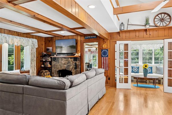 Fireplace, Interior, Living room, Recessed Lighting, Wooden Beams, Wood Texture Flooring, Wooden Walls