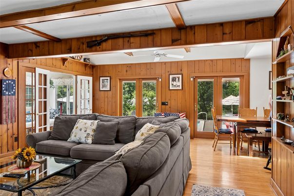 Dining room, Fireplace, Interior, Living room, Wooden Beams, Wood Texture Flooring, Wooden Walls