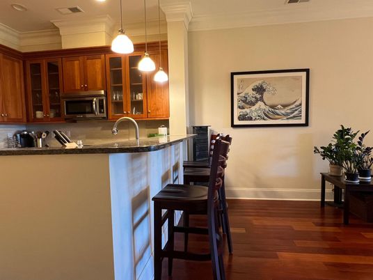 Interior, Kitchen, Pendant Lights, Recessed Lighting, Wood Texture Flooring