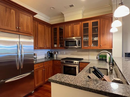 Interior, Kitchen, Pendant Lights, Recessed Lighting, Stainless Steel Appliances, Wood Texture Flooring