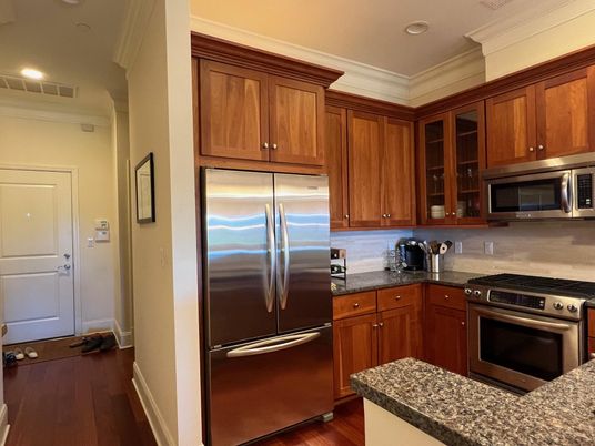 Interior, Kitchen, Recessed Lighting, Stainless Steel Appliances, Wood Texture Flooring