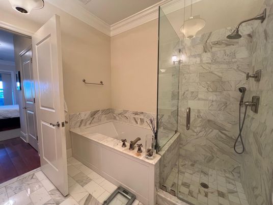 Bathroom, Glass Shower, Interior, Marble, Marble Walls, Wood Texture Flooring